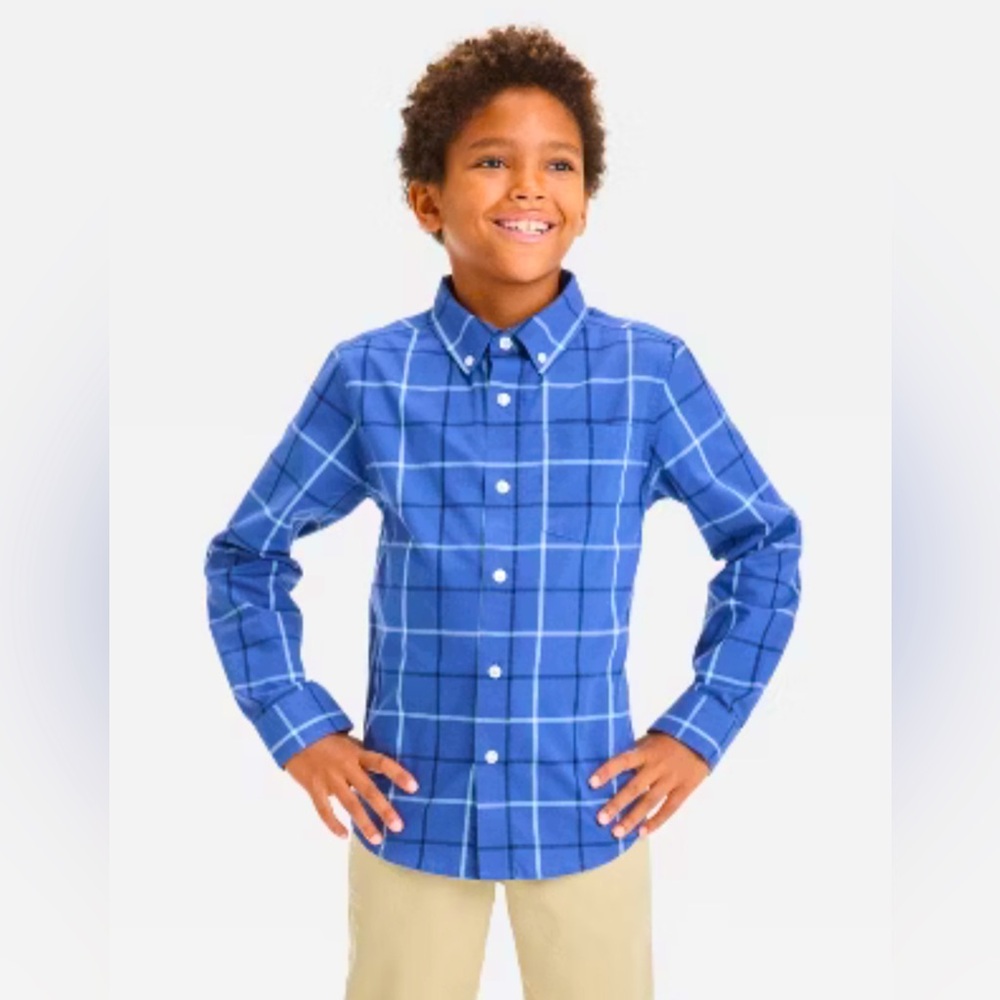 CAT & JACK Blue Checkered Long Sleeve Poplin Shirt